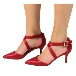 TG Women's Red Faux Leather 2" Pumps with Ankle Straps